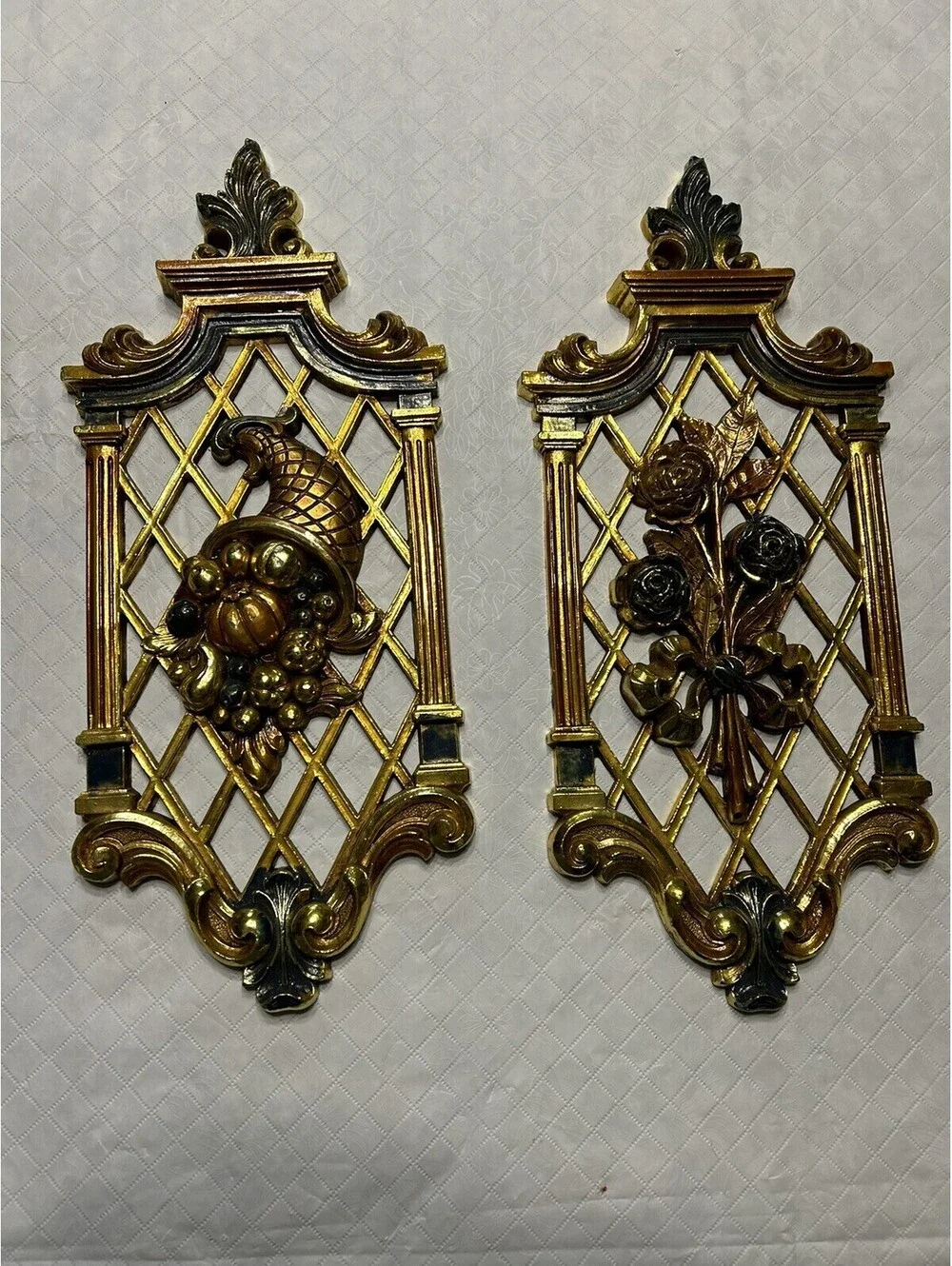 Vintage Set 2 Gold Wall Plaques Flowers Cornucopia Syroco Dart Industries 1971